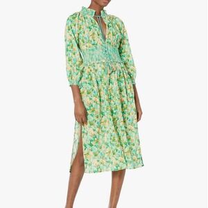 Shoshanna Floral Cotton Boho Midi Dress Green Gold Lurex Smocked Waist Small